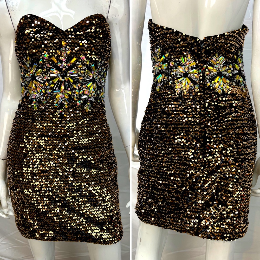 Women's Vintage Night Moves Gold Sequins Embellished Strapless Short 6 Dress